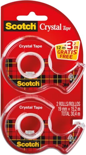 Scotch Crystal Klebeband, 2 Rollen auf Abrollern + 3.2 m GRATIS - Allzweck-klebeband für die Reparatur, Verschließen von Dokumenten von Scotch