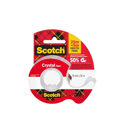 Scotch Crystal Klebeband, 19mm x 25 m, 1 Rolle auf Handabroller/Packung + 5 m GRATIS von Scotch