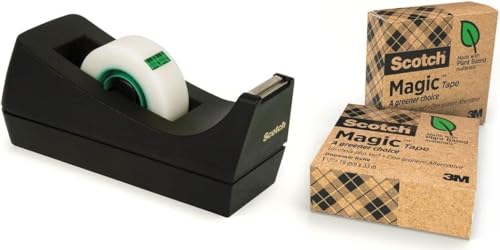 Scotch Abroller, Schwarz inkl. 3 Rollen Scotch Magic Klebeband A Greener Choice - mit Pflanzlichem Klebstoff und 100 % Recyceltem Karton, Nachfüllbarer Klebebandabroller für Schule, Zuhause und Büro von Scotch