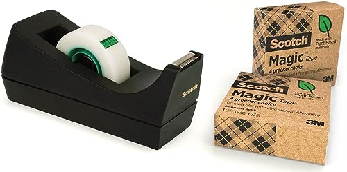 Scotch Abroller, Schwarz inkl. 3 Rollen Scotch Magic Klebeband A Greener Choice - mit Pflanzlichem Klebstoff und 100 % Recyceltem Karton, Nachfüllbarer Klebebandabroller für Schule, Zuhause und Büro von Scotch