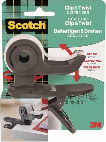 Scotch Clip & Twist Klebeband-Abroller C19, Grau + Scotch Magic Unsichtbares Klebeband, 19mm × 8,89m, 1Rolle/Packung von Scotch