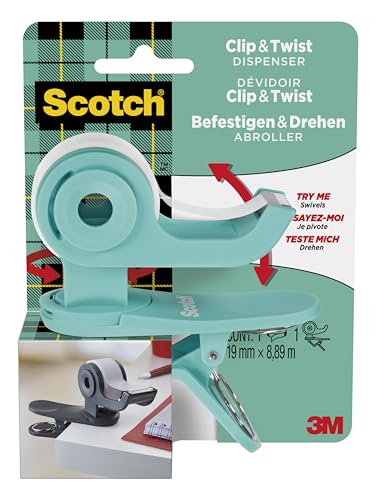 Scotch Clip & Twist klebeband-Abroller C19, Blaugrün und Scotch Magic Unsichtbares klebeband,1 Rolle 19 mm × 8,89 m von Scotch