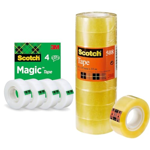 Scotch Magic Tape - 4 Rollen, 19 mm × 33 m & Transparentes Klebeband 508-8 Rollen - 19mm x 33m - Durchsichtiges Allzweckband für Schule, Heim und Büro von Scotch