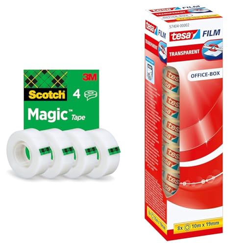 Scotch Magic Tape - 4 Rollen, 19 mm × 33 m & tesafilm transparent - Transparentes Klebeband mit starker Haftung - alterungsbeständig und reißfest - 10 m x 19 mm - 8er Pack von Scotch