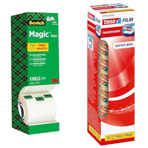 Scotch Magic Tape - Vorteilspack 8 Rollen, 19 mm x 33 m & tesafilm transparent - Transparentes Klebeband mit starker Haftung - alterungsbeständig und reißfest - 10 m x 19 mm - 8er Pack von Scotch