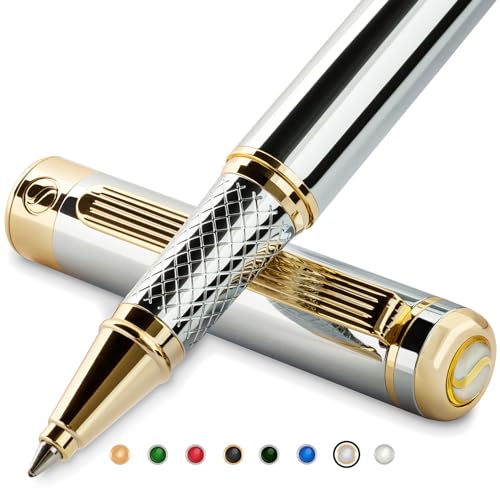 Scriveiner Kugelschreiber Hochwertiger Design Tintenroller mit 24 Karat Details, schwarze Schmidt Ersatzmine, Geschenkbox, Büro set, Schöne Professionelle Kugelschreiber (Silber) von Scriveiner