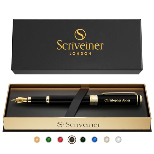 Scriveiner Black Personalisierter Stift - Luxus Füllfederhalter, Schwarzer Lack, Gold Finish, Deutsche Schmidt Feder (Mittel), Bestes Graviertes Füllfederhalter Geschenkset, Namensgravur von Scriveiner