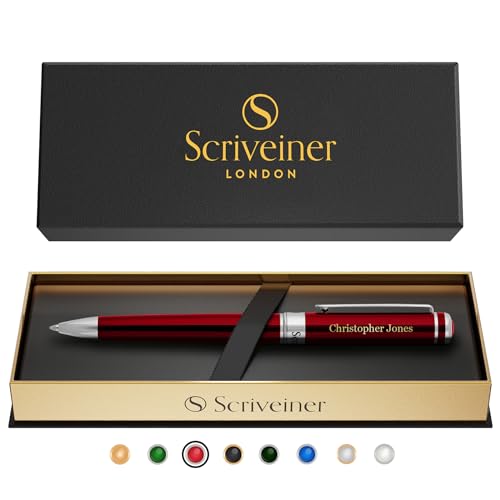 Scriveiner Deep Crimson Personalisierter Stift - Atemberaubender Rotlack Luxus Mit Chrom Finish, Schmidt Tintenmine, Beste Gravierte Kugelschreiber Geschenk-Set, Individuelle Namensgravur von Scriveiner