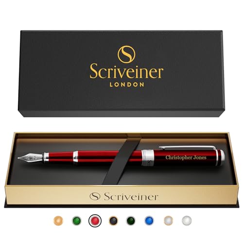 Scriveiner Deep Crimson Personalisierter Stift - Atemberaubender Rotlack Luxus Pen, Chrom Finish Deutsche Schmidt Feder (Mittel), Bestes Graviertes Füllfederhalter Geschenkset, Namensgravur von Scriveiner