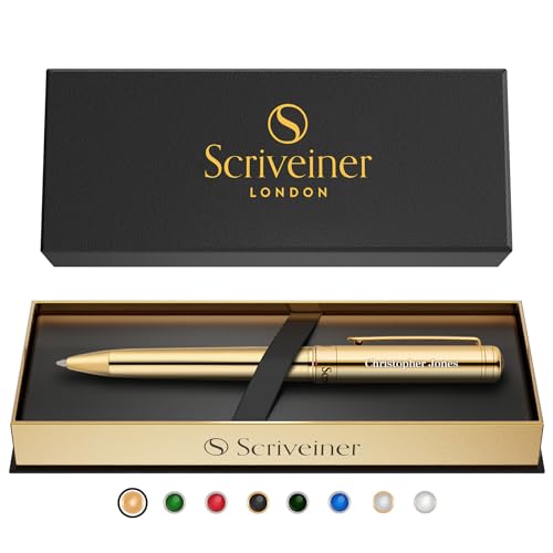 Scriveiner Gold Personalisierter Stift - Atemberaubender Luxus Kugelschreiber Mit Gold Finish, Schmidt Ink Refill, Beste Gravierte Kugelschreiber Geschenk Set, Individuelle Namensgravur von Scriveiner