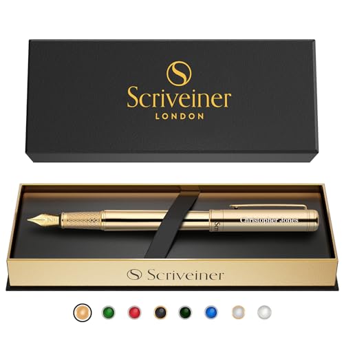 Scriveiner Gold Personalisierter Stift - Atemberaubender Luxusfüller Mit Gold Finish, Schmidt Tinte, Bestes Graviertes Füllfederhalter Geschenkset Für Männer & Frauen, Individuelle Namensgravur von Scriveiner