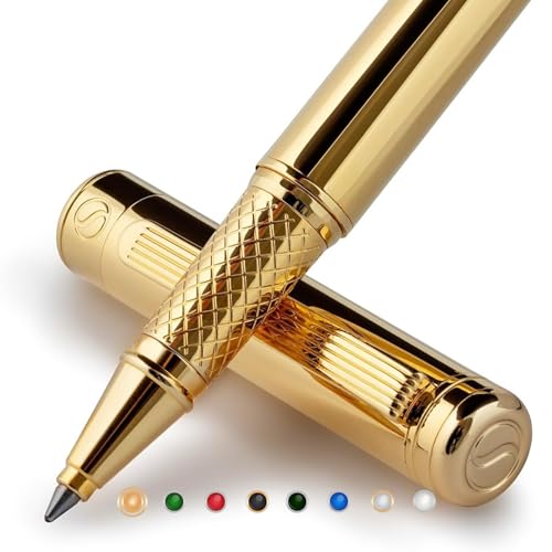 Scriveiner Kugelschreiber Hochwertiger Tintenroller mit 24 Karat Gold Details, schwarze Schmidt Ersatzmine, Geschenkbox, Büro set, Schöne Professionelle Kugelschreiber (Gold) von Scriveiner