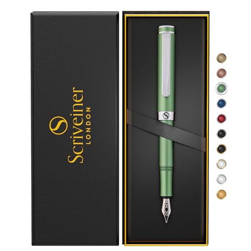 Scriveiner Luxus EDC Füllfederhalter (Mittel), Mattgrün Taschenfüller, verchromt, deutsche Schmidt Mine, Konverter, Schreibgeräte-Geschenkset für Männer und Frauen, Designerstift fürs Büro von Scriveiner