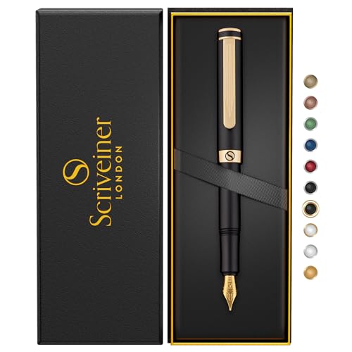 Scriveiner Luxus-EDC Füllfederhalter (Mittel), schwarzer Taschenfüller, 24K Gold, Schmidt Feder 18K vergoldet, Konverter, bestes Schreibgeräte-Geschenkset für Mann & Frau, schöner Designer-Stift von Scriveiner