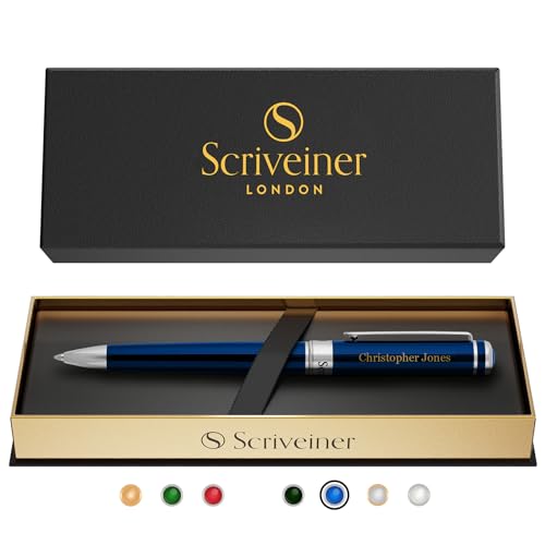 Scriveiner Midnight Blue Personalisierter Stift - Atemberaubender Blauer Lack Luxus Chrom Finish, Schmidt Tintenmine, Beste Gravierte Kugelschreiber-Geschenk-Set, Individuelle Namensgravur von Scriveiner