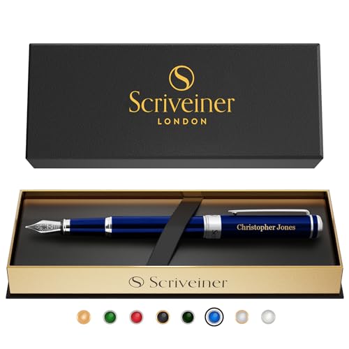 Scriveiner Midnight Blue Personalisierter Stift - Atemberaubender Blauer Lack Luxusfüller, Chrom Finish, Deutsche Schmidt Feder (Mittel), Bestes Graviertes Füllfederhalter Geschenkset, Namensgravur von Scriveiner