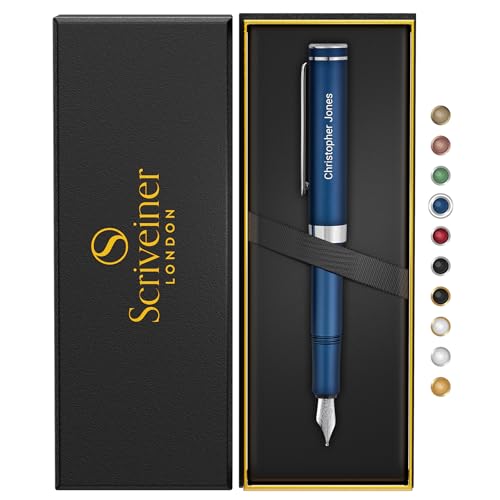 Scriveiner Personalisierter Luxus EDC Füllfederhalter (Medium), Mattblauer Taschenfüller, verchromt, Schmidt German Nib, Bestes graviertes Füllfederhalter-Geschenkset, Namensgravur von Scriveiner