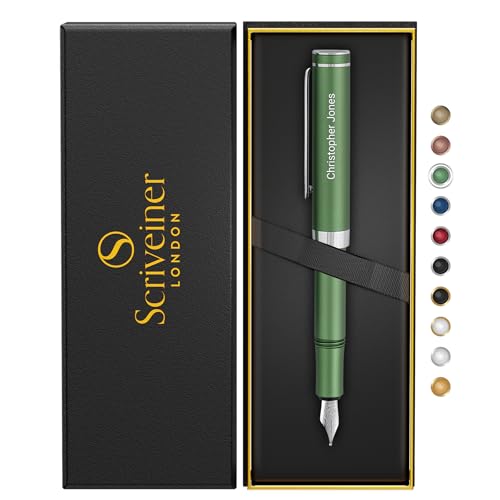 Scriveiner Personalisierter Luxus-EDC-Füllfederhalter (Medium), Mattgrüner Taschenfüller, verchromt, deutsche Schmidt-Feder, bestes graviertes Füllfederhalter-Geschenkset, Namensgravur von Scriveiner