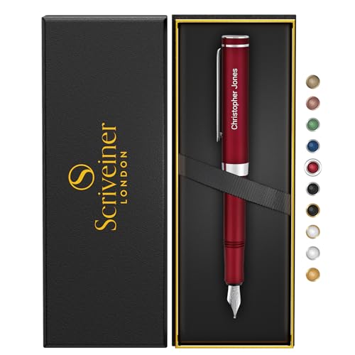 Scriveiner Personalisierter Luxus-EDC-Füllfederhalter (Medium), Umwerfender mattroter Taschenfüller, verchromt, Schmidt German Nib, Bestes graviertes Füllfederhalter-Geschenkset, Namensgravur von Scriveiner