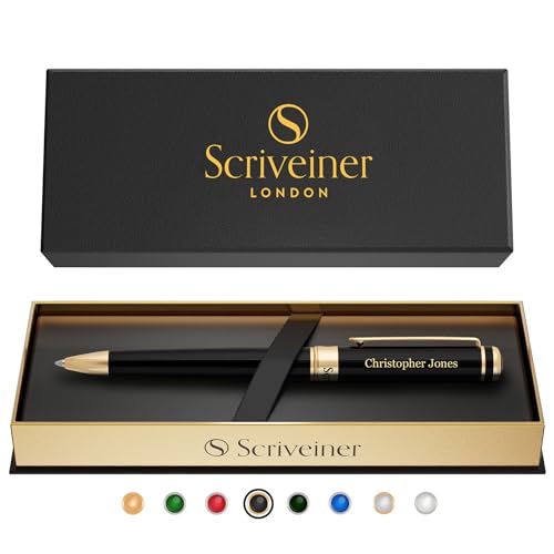 Scriveiner Personalisierter Stift - Atemberaubender Luxus Tiefschwarzer Lack, Gold Finish, Schmidt Tinte, Bestes Graviertes Kugelschreiber Geschenkset, Custom Name Gravur von Scriveiner