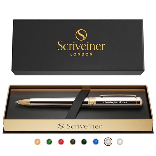 Scriveiner Silber Chrom Personalisierter Stift - Atemberaubende Luxus Gold Finish, Schmidt Tintenmine, Beste Gravierte Kugelschreiber Geschenk-Set, Individuelle Namensgravur von Scriveiner