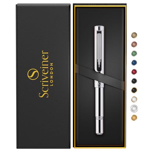 Scriveiner Silver Chrome Rollerball EDC Luxus Kugelschreiber, großer Taschenstift mit Chrom, bestes Kugelschreiber Geschenk für Mann & Frau, deutsche Schmidt Mine, Büro Designer Kugelschreiber Set von Scriveiner