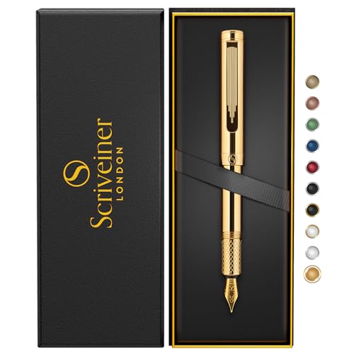 Scriveiner vergoldeter Füllfederhalter (mittel), preisgekrönter Luxus-Stift, schwerer Taschenstift mit 24-Karat-Gold-Finish, Schmidt-Feder, bestes EDC-Schreibstift-Geschenkset für Männer und Frauen von Scriveiner