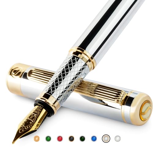 Scriveiner Füllfederhalter, Chrom, silberfarben – toller Kugelschreiber mit 24-karätigem Gold-Finish, Feder 18 Karat (mittel), ideales Set für Damen und Herren, Profi, Direktor, Büro, schöner von Scriveiner