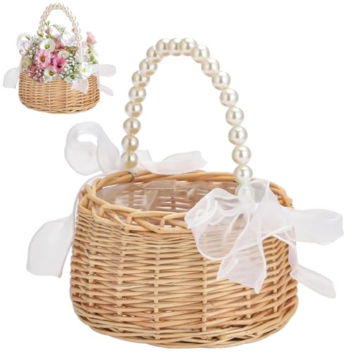 Sctmda Geflochtener Blumenkorb mit Griff Weidenkorb Blumen für Hochzeiten Mini Geflochtener Blumenkorb Handgeflochtene Blumenkörbe Geflochtener Korb für Die Hochzeit Streukörbchen Wicker Blumen Korb von Sctmda