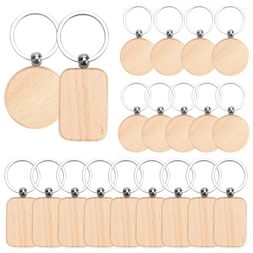 Sctmda Schlüsselanhänger Holz 20 Stück Rund Wooden Keychain DIY Holz Schlüsselanhänger Rund DIY Blanko Holz Schlüsselanhänger Schlüsselanhänger Holzrohlinge Rechteckig für Malerei Dekoration von Sctmda