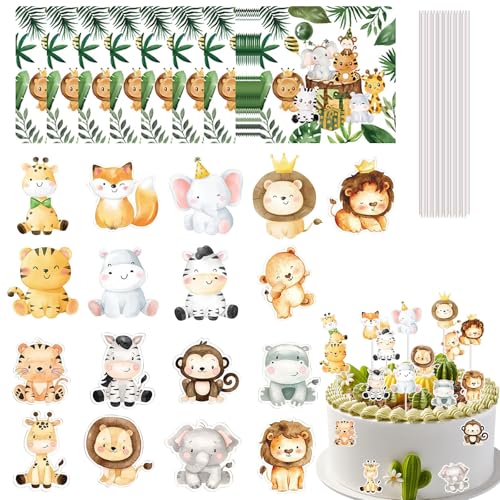 Sctmda Servietten Geburtstag 40 Stück Servietten Dschungel 17 Stück Tiere Cupcake Topper Animals Motiv Grün Papierservietten Party Motiv Tiere Blätter Grün für Waldtiere und Servietten Tiere von Sctmda