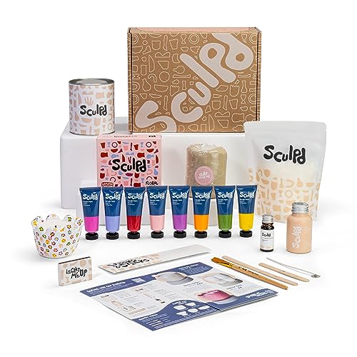 Sculpd Kerzenherstellung Töpferei Kit mit lufttrockenem Ton und Acrylfarbe Set, Anfänger Kerze Starter Kit für Erwachsene mit ungiftigem Öko-Sojawachs, duftendem Duftöl, Kerzenlack, Werkzeugen und von Sculpd