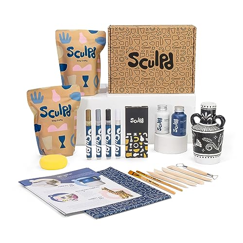 Sculpd Töpferei-Set, lufttrocknender Ton, Starter-Set für Anfänger mit Acrylfarben-Stift-Set, Töpferwerkzeug-Set, Acrylfarbe, wasserfester Lack, Pinsel, Schwamm und Schritt-für-Schritt-Anleitung für von Sculpd