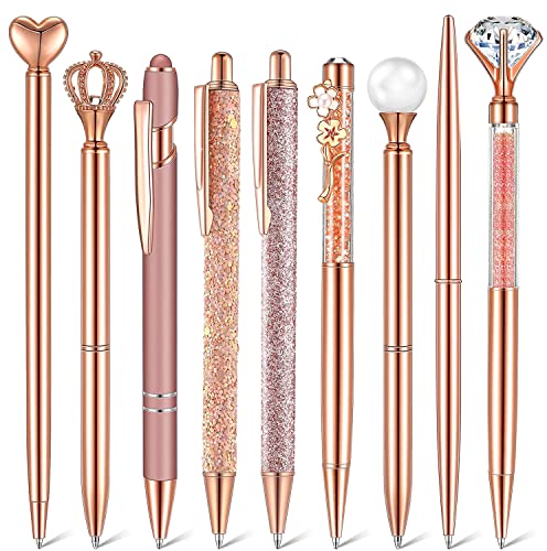 9 Stück Kugelschreiber Set Flüssiger Sand Glitter 1.0mm Metall Kristall Diamant Stift Girly Journaling Schwarze Tinte Stift Geschenke für Schule Hochzeit Büro (Roségold) von SeBeLi