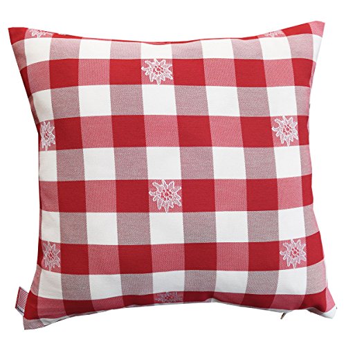 SeGaTeX home fashion Kissenhülle Karo in Rot mit Edelweiß| 1 Stück hochwertiges Zierkissen 40 x 40 cm passend zur Landhaus-Serie | langlebig, rot-weiß kariert aus Webstoff als Motiv von SeGaTeX home fashion