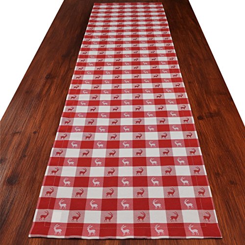 Tischläufer Landhaus-Tischdecke Karo in Rot 40 x 160 cm | rot-weiß Karierter Webstoff langlebig Hirsch-Motiv | rustikal-gemütlicher Landhaus-Stil für Küche, Esszimmer, Gästezimmer von SeGaTeX home fashion