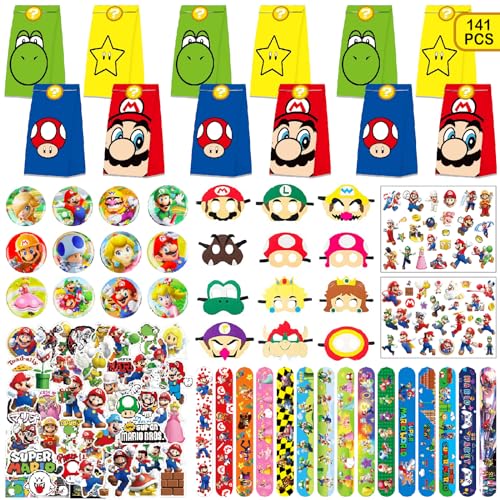 Seamart Mario Kindergeburtstag Party Mitgebsel Set, 141 Stück Party Gastgeschenke Kinder, Slap Armbänder, Tattoos, Geschenk-Taschen, Masken, Aufkleber Give Aways Kindergeburtstag Jungen und Mädchen von Seamart