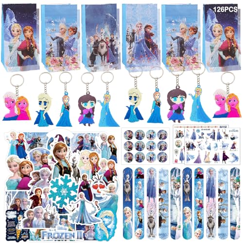 Seamart 126Pcs Frozen Party Mitgebsel, Geschenktüten, Schlüsselanhänger, Party Klatschen Armband, Aufkleber, Kinder Ggeburtstag Mitgebsel, für Kinder Jungen Mädchen Geschenke Party Zubehör von Seamart