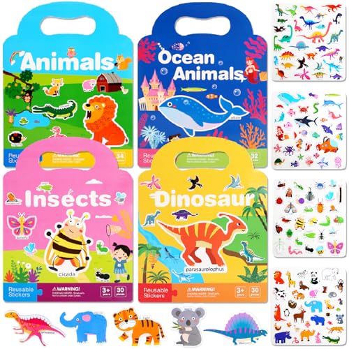 Wiederverwendbare Sticker Kinder 4 Pack 3D Puffy Sticker Buch, Sticker Kinder Tiere Meer Dinosaurier Insekten, Sticker Set mit Kreative Szene und Aufkleber Illustrationen, pädagogische Lernspielzeuge von Seamart