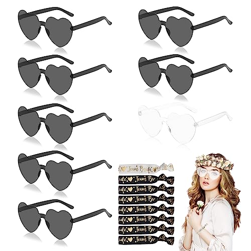 16 Stück Jga Brille Set, 8 Brille+8 Team Braut Armbänder, Bride Herz Brille, Randlose Interessant Brille, Partybrille Herz Sonnenbrille, Junggesellenabschied Hochzeitsfeier Dekorationen (Schwarz) von Seasboes