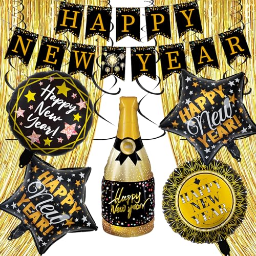 17 Stück Silvester Deko Dekoration Set, Happy New Year Banner, Champagnerflasche Folienballon mit Folie Fransen Vorhang Gold Schimmer, Silvesterpartydeko Accessoire für Silvesterparty von Seasboes