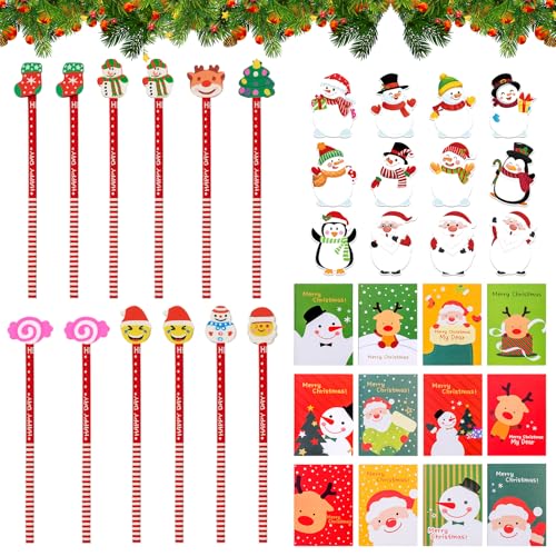 36 Stücke Schule HB Stifte Set, Weihnachten HB Bleistifte mit Radiergummi, Notizbuch und Haftnotizen Weihnachten, Mini Notizblock Weihnachten,Bleistifte Schreibwaren Set,Schulbüro Familie Partytüte(A) von Seasboes