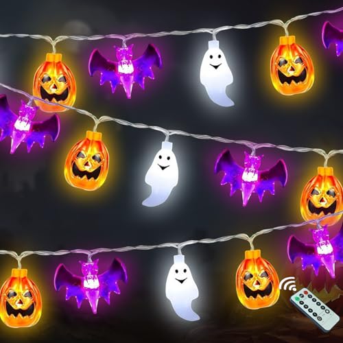 3m Lichterkette Halloween, 20 LEDs Lichterkette, Lichterkette mit Fernbedienung, Halloween Deko Outdoor, Halloween Deko Garten, Halloween Lichterkette, Lichterkette Kürbis Fledermaus Geist Deko von Seasboes