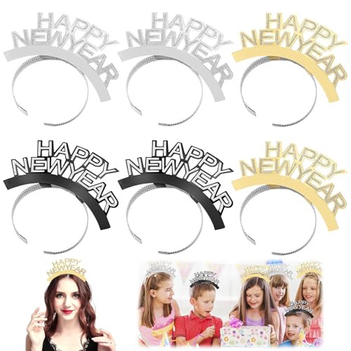 6 Stück Happy New Year Haarreifen, Happy New Year Stirnband Tiara, Silvester Haarreif Kopfbedeckung, Silvester Party Haarreif, Neujahr Fotorequisiten, Weihnachten Haarschmuck Party Kostüm Zubehör von Seasboes