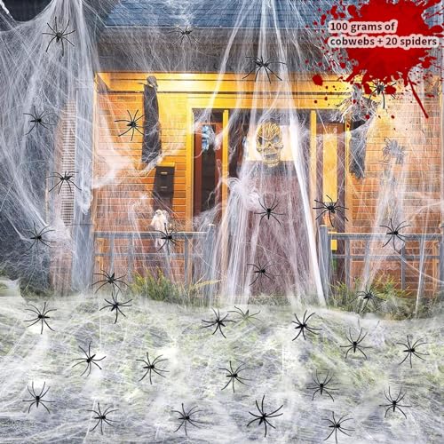 Halloween Spinnennetz Dekoration, 100g Dehnbare Spinnennetze &20Künstliche Spinnen, Halloween Deko Outdoor Spinnennetz, dehnbar Spinnweben für Halloween Party Spukhaus Garten Hof Horror Dekoration von Seasboes