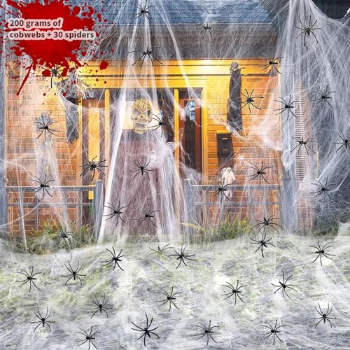 Halloween Spinnennetz Dekoration, 200g Dehnbare Spinnennetze &30Künstliche Spinnen, Halloween Deko Outdoor Spinnennetz, dehnbar Spinnweben für Halloween Party Spukhaus Garten Hof Horror Dekoration von Seasboes