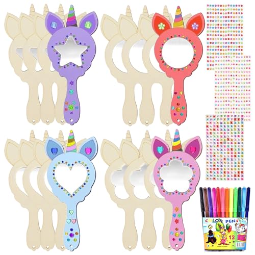 Seasboes Einhorn Basteln, 12 Stück Prinzessin DIY Holzspiegel, Einhorn Basteln, Spiegel Basteln Kinder, Kinder DIY Handgefertigte Handwerk, Mini Holz Spiegel Unvollendete Handspiegel für Kinder von Seasboes