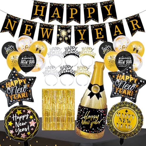 Silvester Party Dekoration Set , Silvester Deko, Luftballon Dekoration Set, Happy New Year folienballon,Silvester Party Deko, Black Gold Happy Neujahr Deko, Silvester Party Dekoration von Seasboes