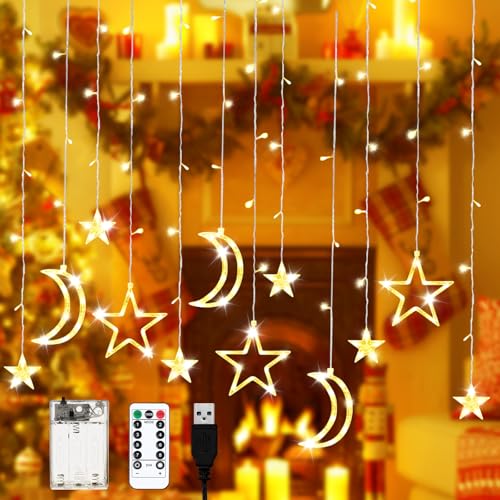 Sterne Vorhang Lichter, 3,5m Lichterkette Batterie, Lichterketten Vorhang, Stern Mond LED Lichterketten für Kinderzimmer Schlafzimmer Hochzeit Weihnachten, Ramadan, Partydekoration von Seasboes