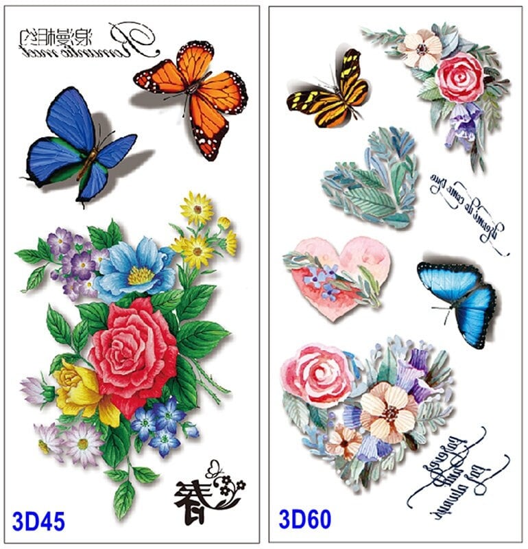 3D Bunte Schmetterling Blume Herz Vögel Dornig Rose Lotus Sonnenblume Körper Taille Arm Hals Temporäre Kunst Tattoos 3Dseries von SeasonSticker